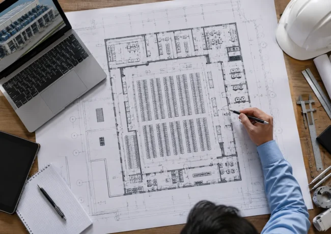 Engineer Reviewing Data Center Blueprint